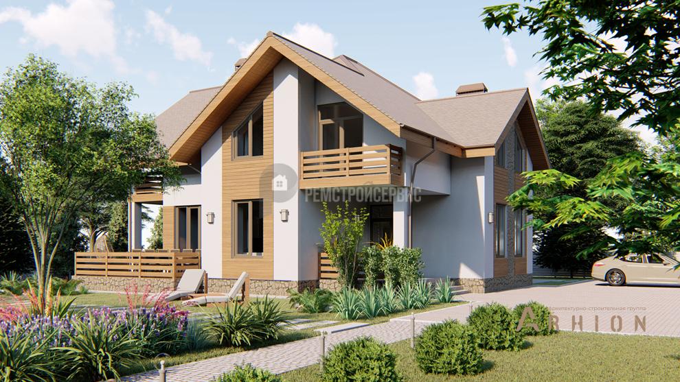 2. Проект одноэтажного дома в стиле шале с многоскатной кровлей, t-76-01, площадью - 242 кв c мансардой, терассой, балконом